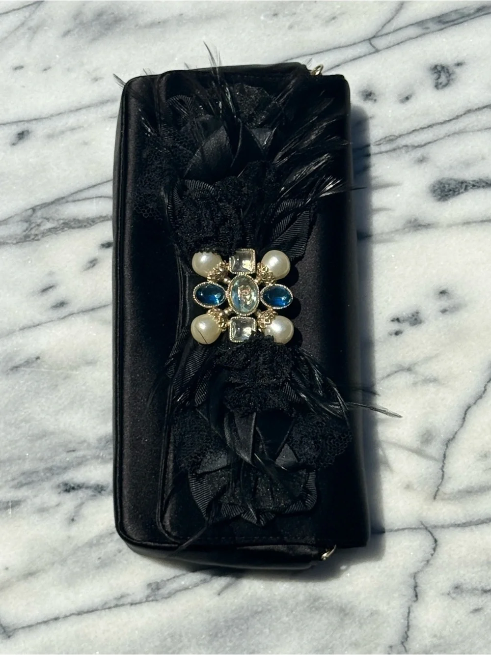 NWT Chanel Pearl, Feathers and Jewel Embellished Black Satin Evening Clutch